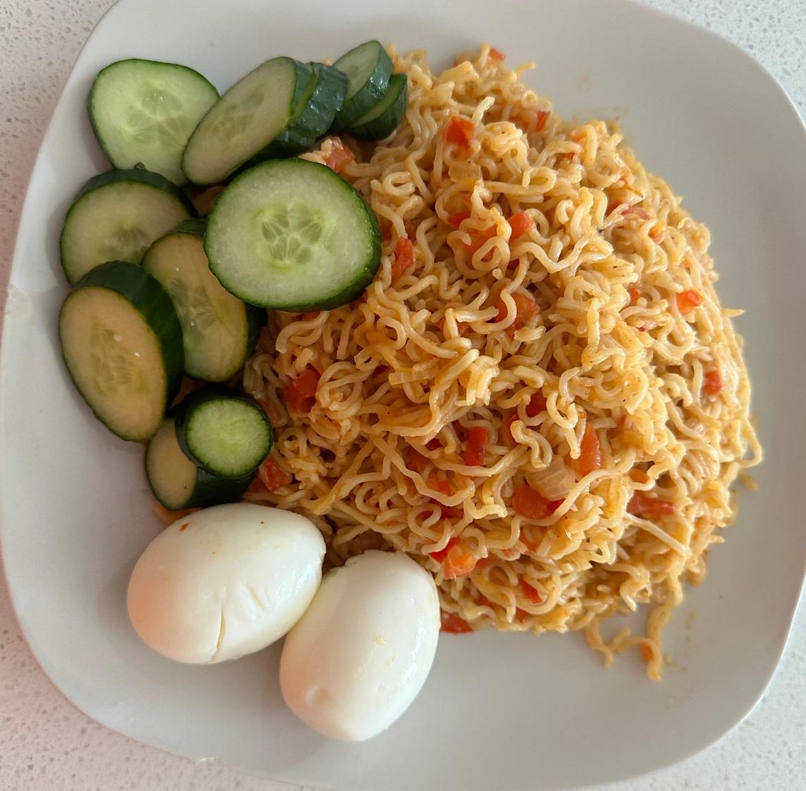 Nigerian Indomie Noodles with Shrimp, Sausages and Veggies